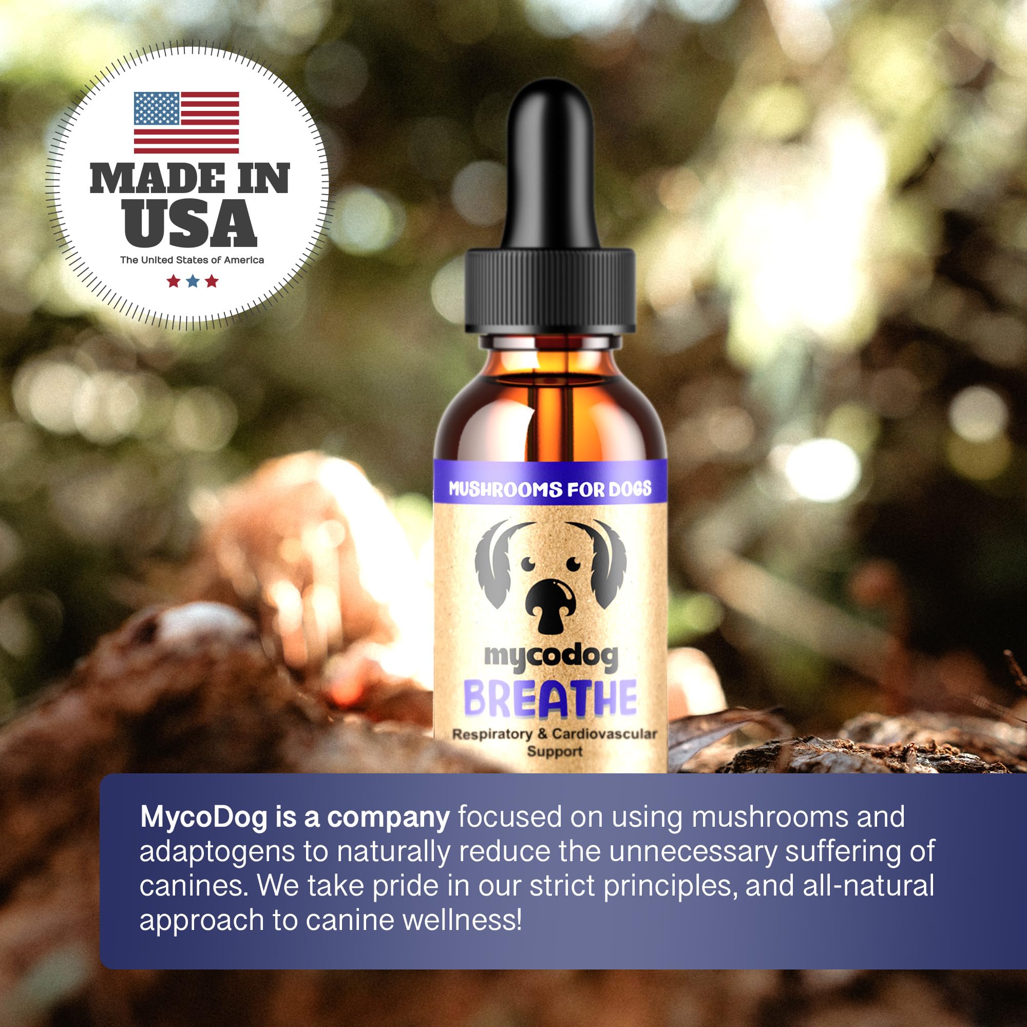 MycoDog Breathe packaging shows natural ingredients and dosage guidance.