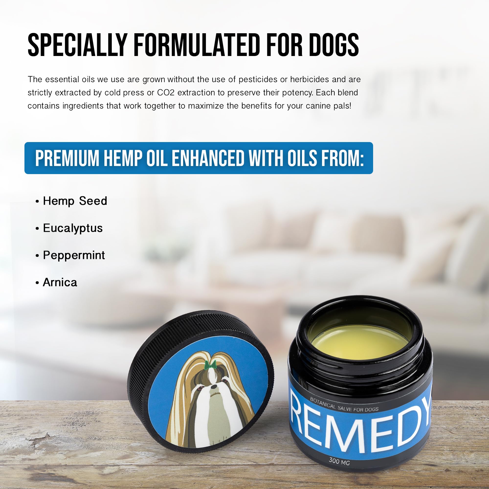 Hemp Dog Health Remedy ingredients close-up featuring hemp oil for healthy skin support
