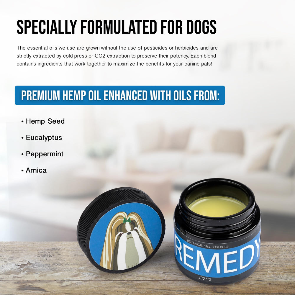 Hemp Dog Health Remedy ingredients close-up featuring hemp oil for healthy skin support