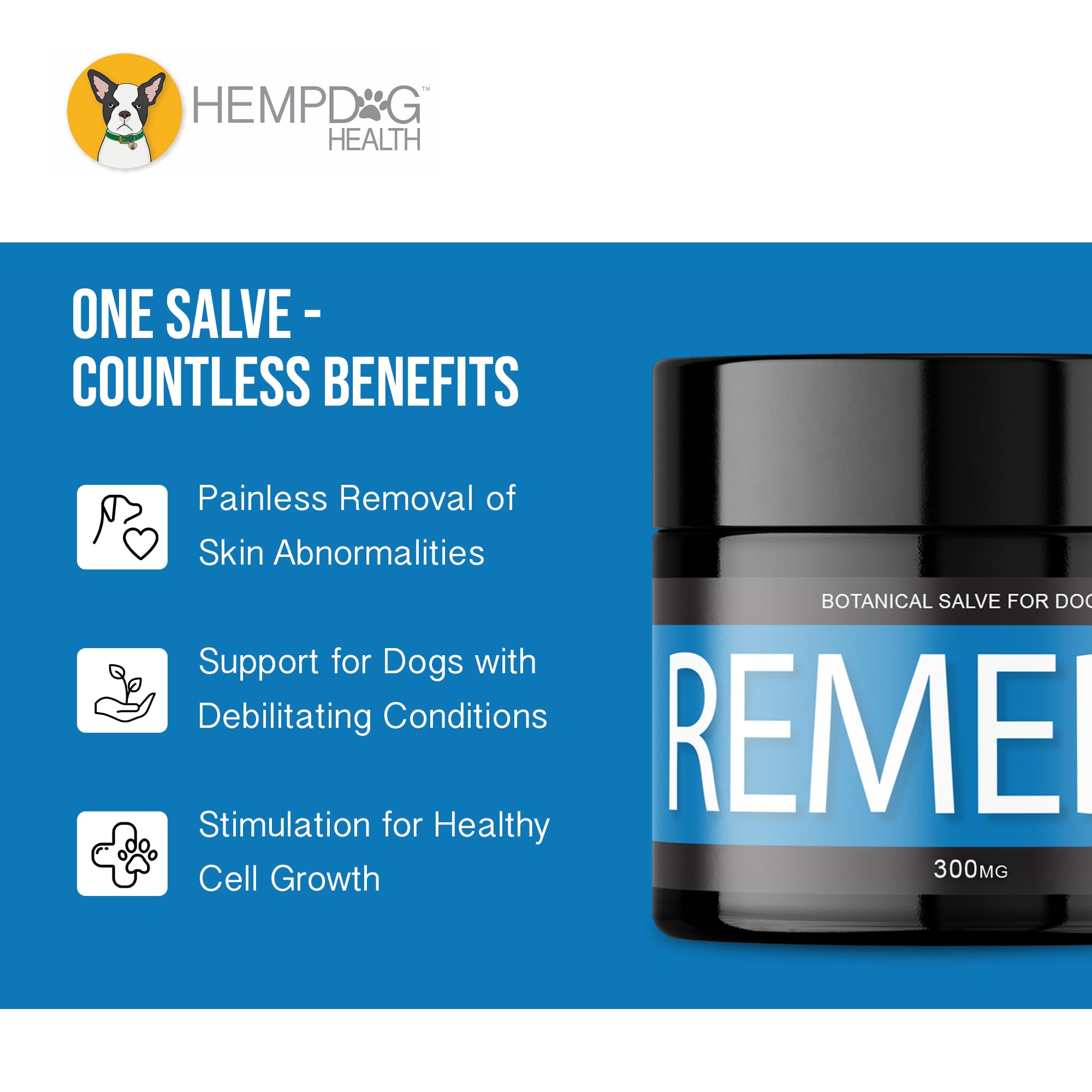 Hemp Dog Health Remedy USA-made badge on packaging communicates small-batch quality