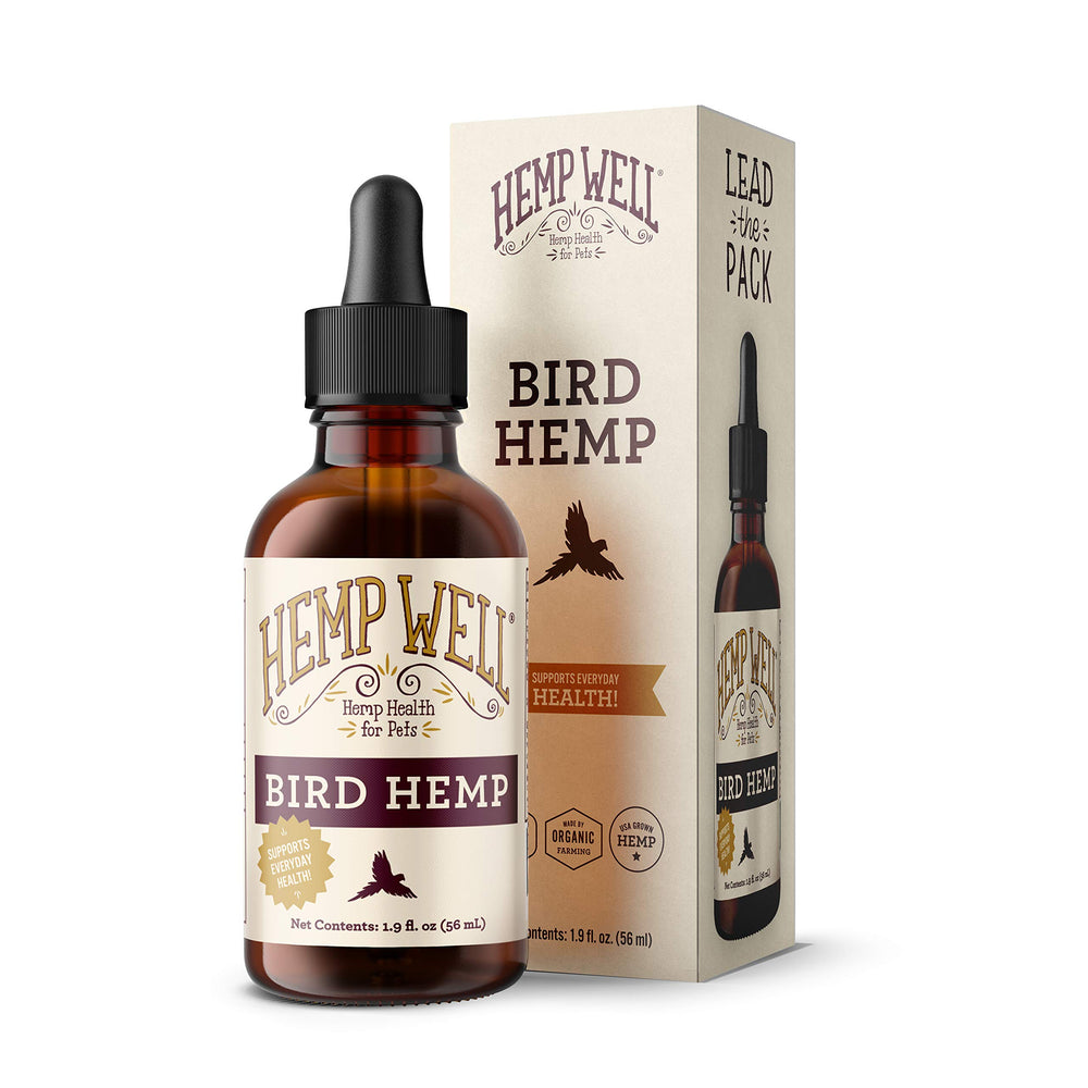 Hemp Well Bird Oil bottle closeup highlighting feather health