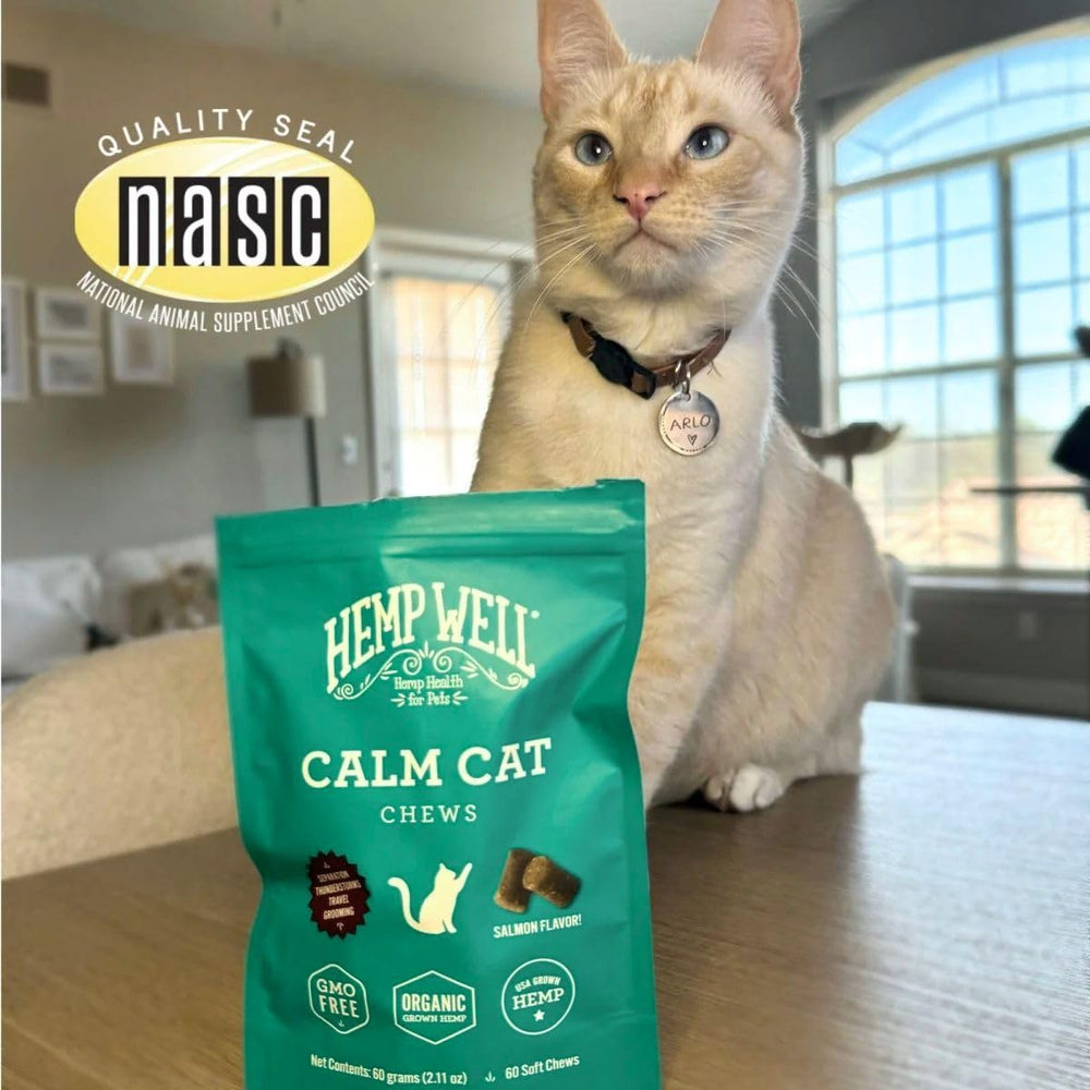 Hemp Well Calm Cat Soft Chews travel use—easy to administer on trips.