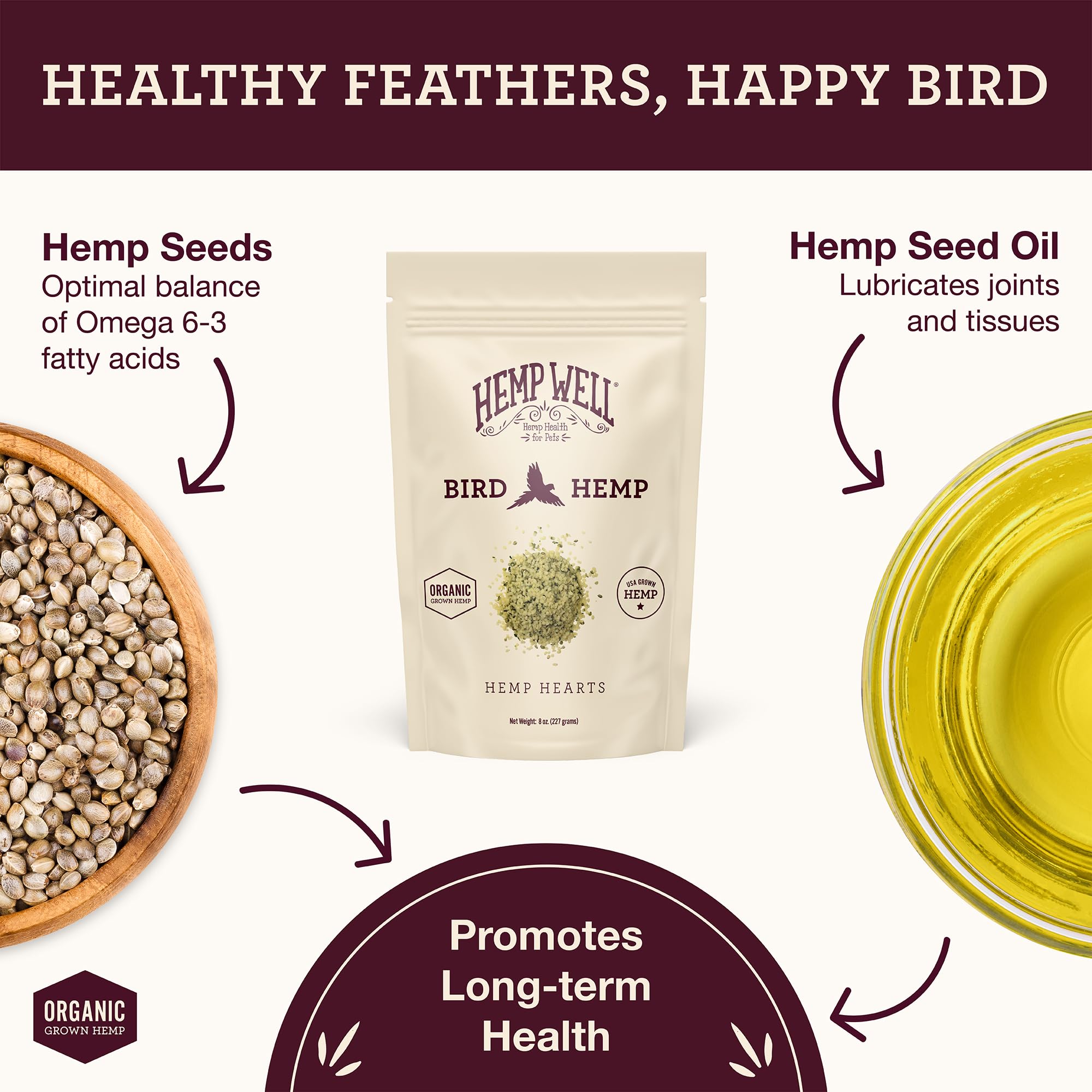 Hemp Well Hemp Hearts for Birds bag open, ready for feeding