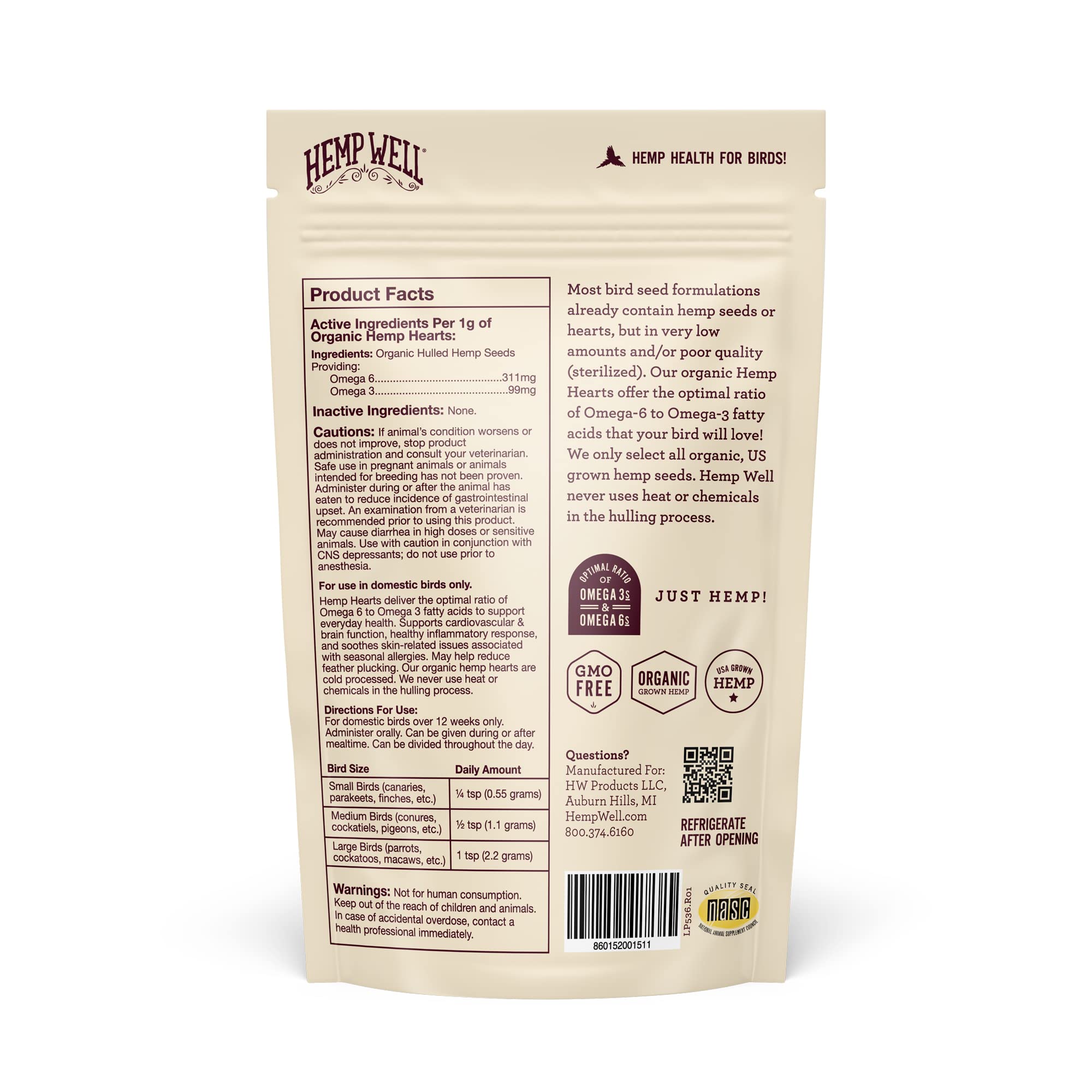 Hemp Well Hemp Hearts GMO-free certification on label
