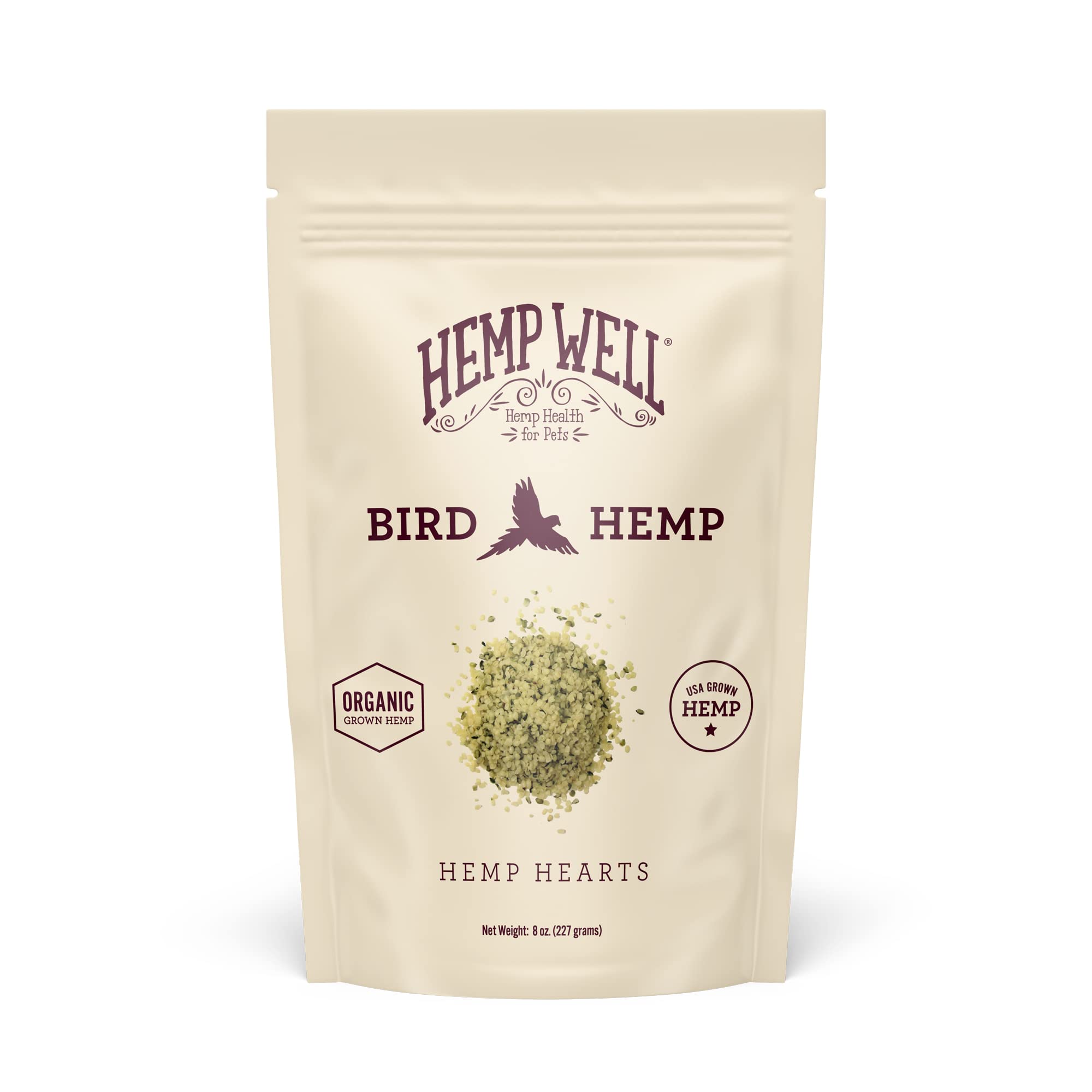 Hemp Well Organic Hemp Hearts for Birds packaging on shelf ensures freshness