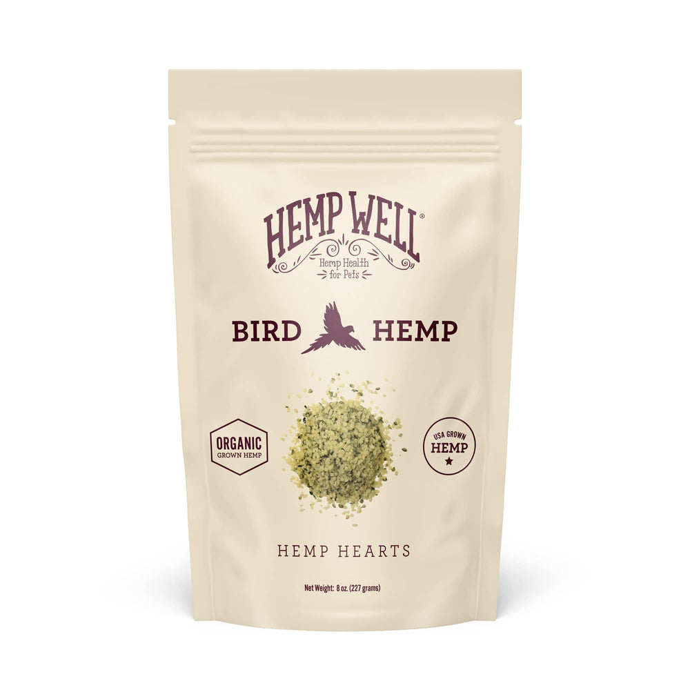Hemp Well Organic Hemp Hearts for Birds packaging on shelf ensures freshness