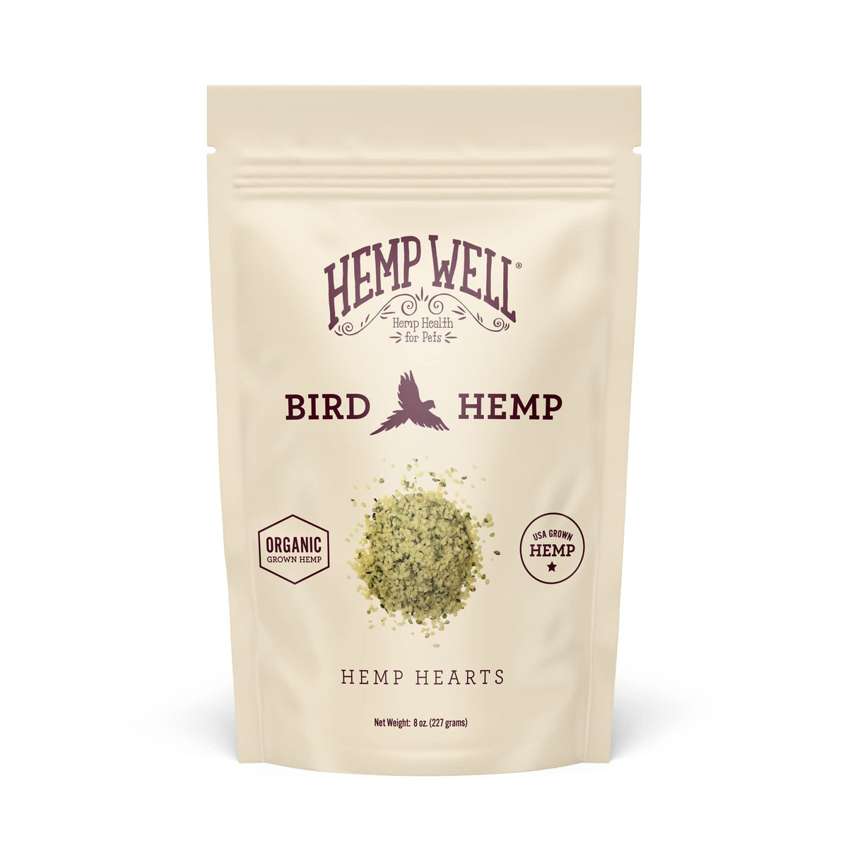 Hemp Well Organic Hemp Hearts for Birds packaging on shelf ensures freshness