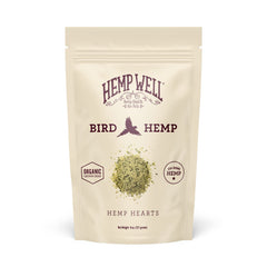 Hemp Well Organic Hemp Hearts for Birds packaging on shelf ensures freshness