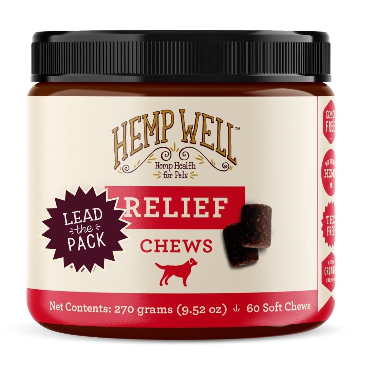 Hemp Well Relief Dog Soft Chews bottle shows hip and joint support for dogs