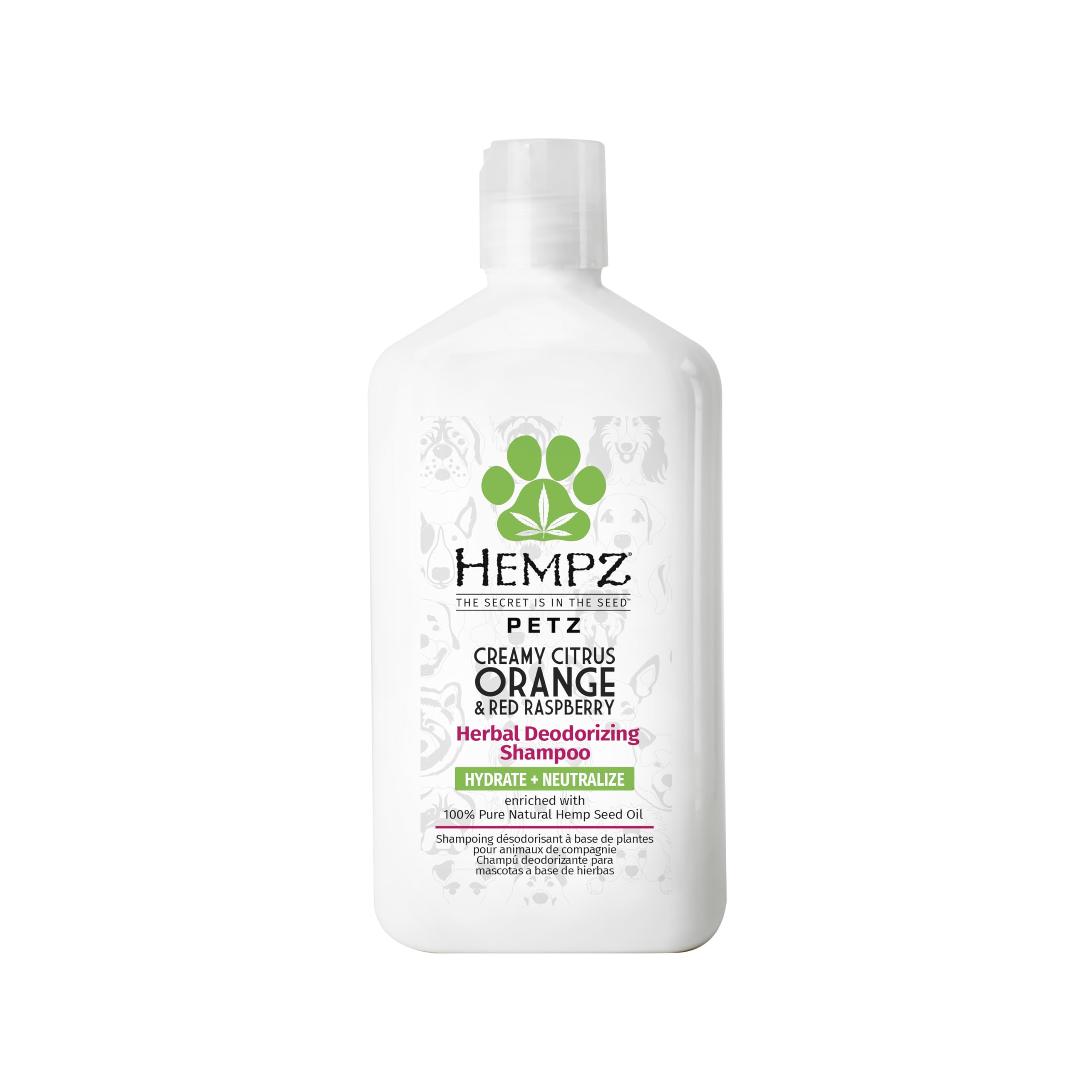 Hempz Petz dog shampoo bottle highlighting hemp seed oil and citrus scent for a fresh coat.