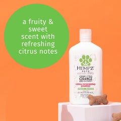 Hempz Petz dog shampoo fragrance emphasizes creamy citrus orange and red raspberry notes.