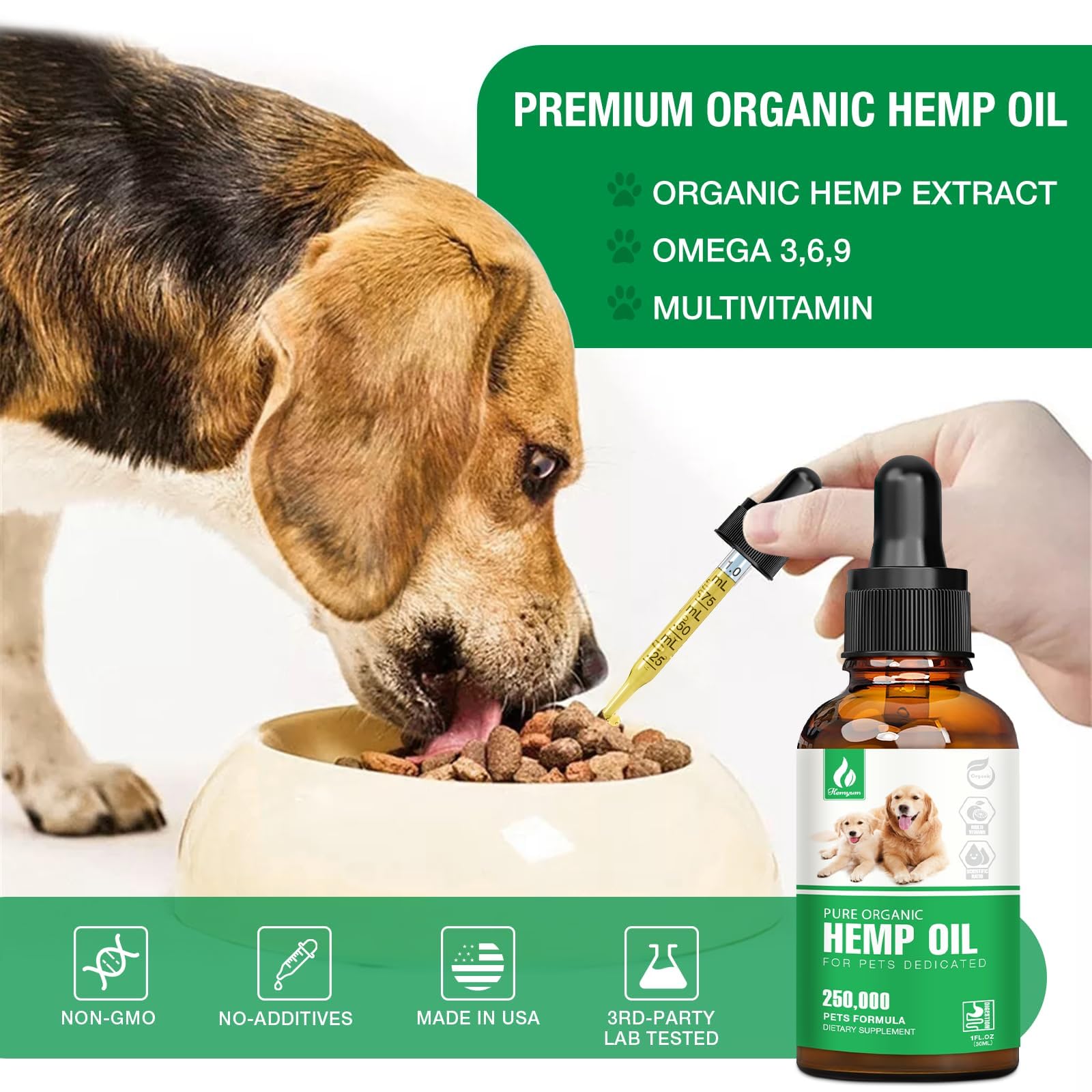 Hemyum Hemp Oil helps pets relax during storms and travel.