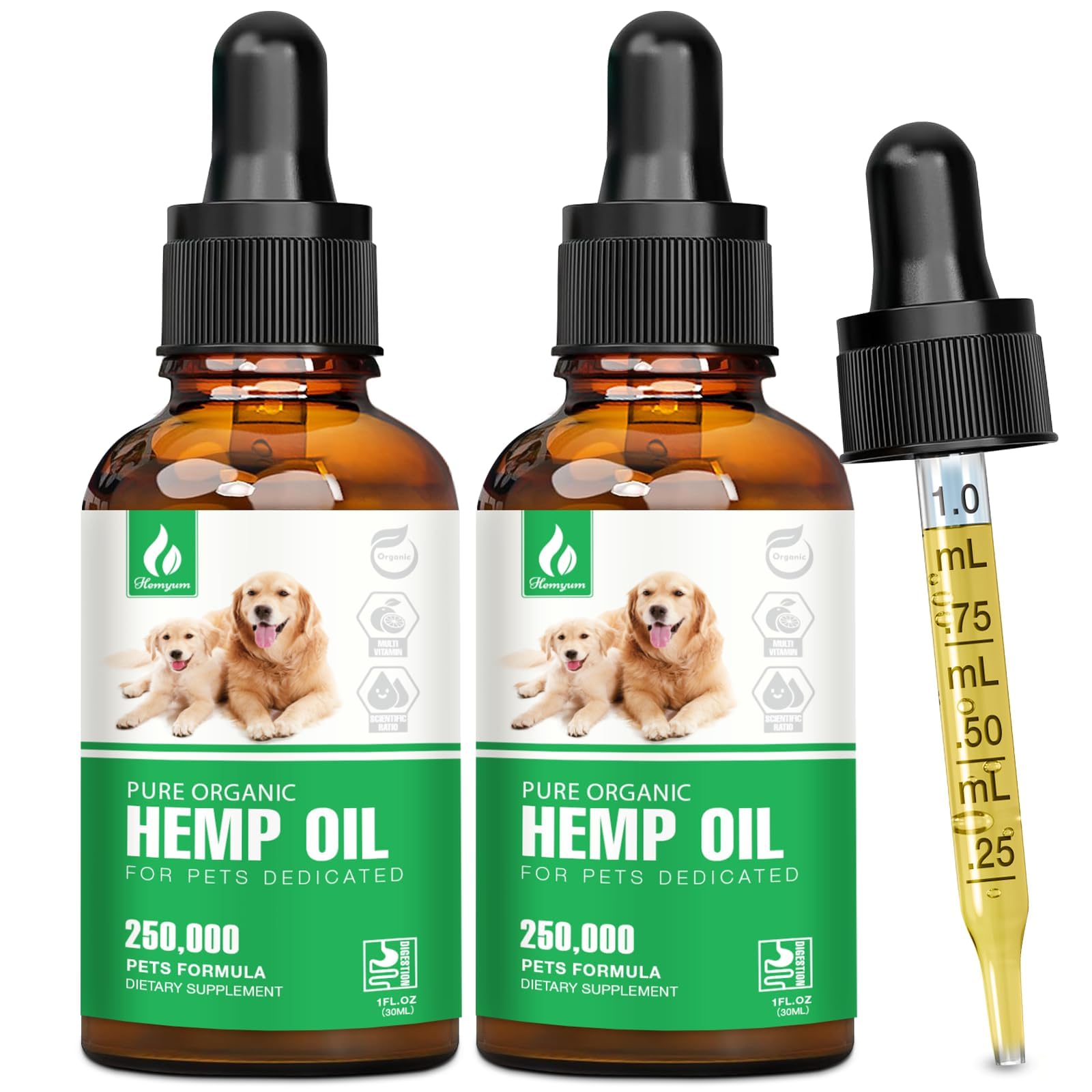 Hemyum Organic Hemp Oil bottle with dropper for pets promotes calm and mobility.