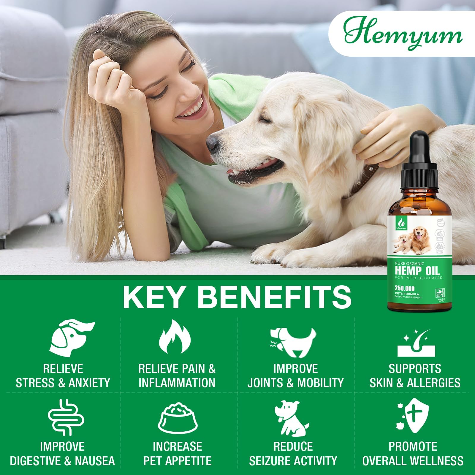 Hemyum Hemp Oil precision dropper highlights easy dosing for dogs and cats.