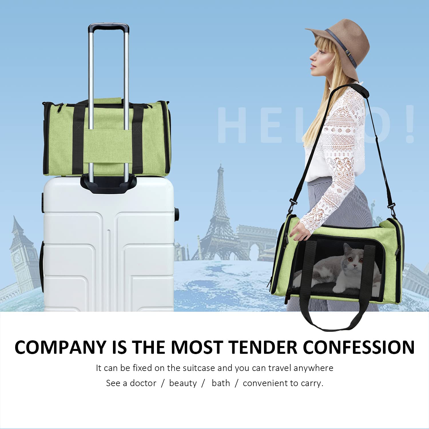 Henkelion pet carrier adjustable-shoulder green enables hands-free travel.