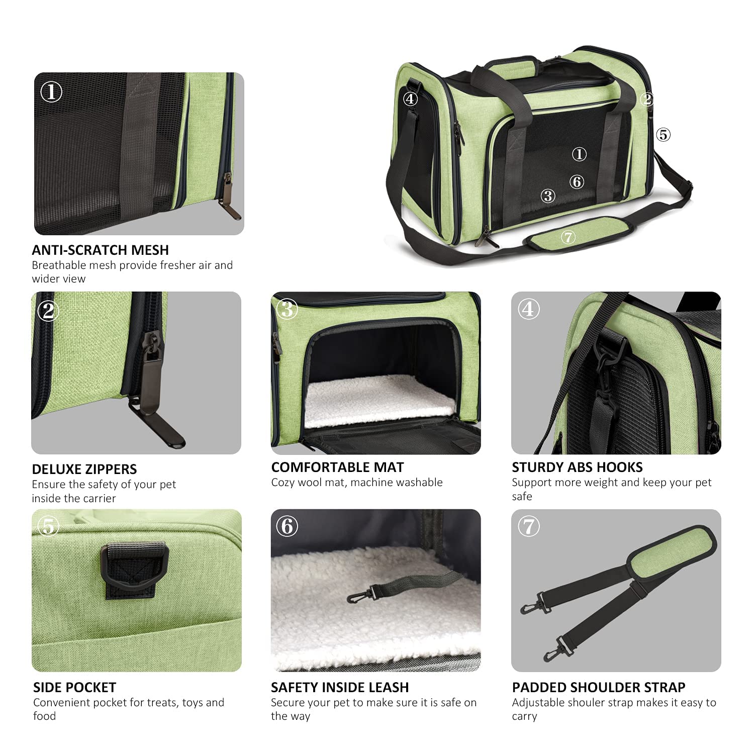 Henkelion pet carrier collapsible green enables easy storage after use.