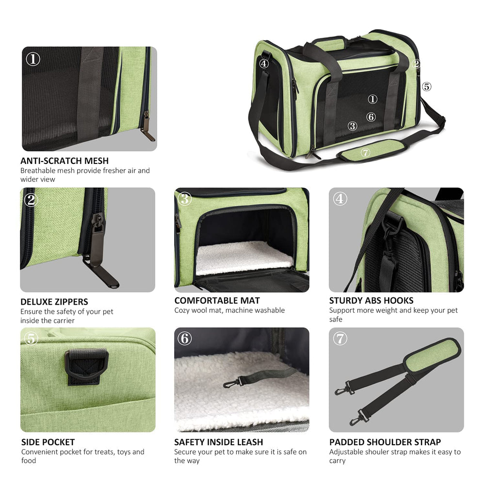 Henkelion pet carrier collapsible green enables easy storage after use.
