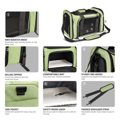 Henkelion pet carrier collapsible green enables easy storage after use.