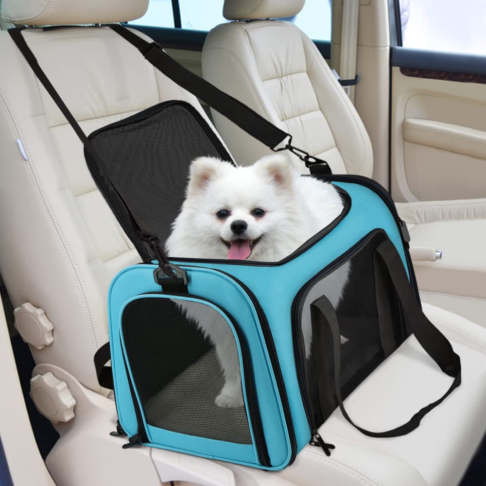 Henkelion pet carrier with adjustable shoulder strap enables hands-free carrying on trips.