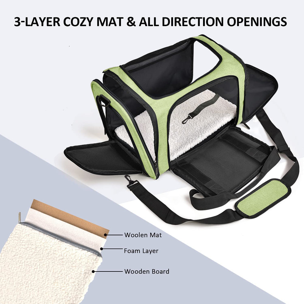 Henkelion pet carrier soft-sided green offers comfortable, breathable transport for cats and small dogs.