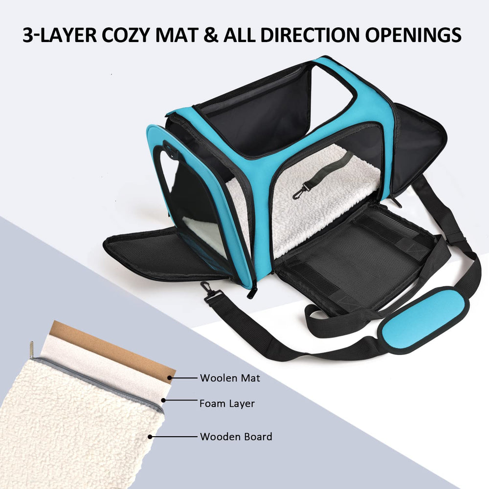 Henkelion pet carrier soft-sided for comfortable rides in car or cabin.
