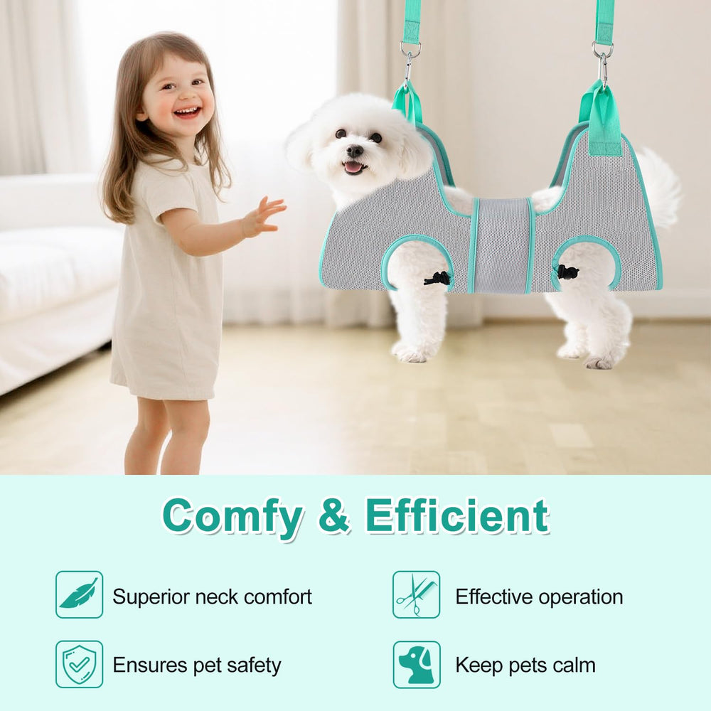 Henyopet grooming hammock shows D-rings attachment for quick pole mounting.