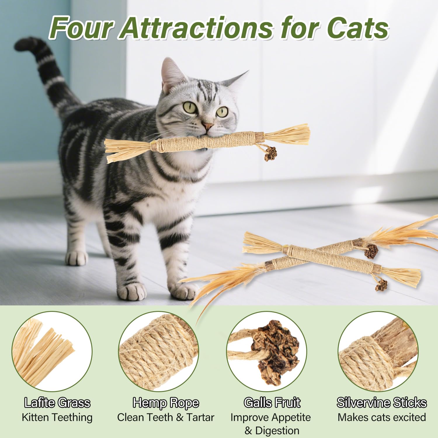 Henyopet Silvervine Sticks catnip bag emphasizes extended chewing and calming aroma.