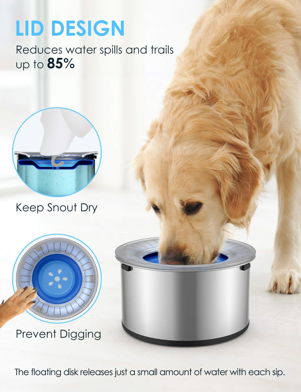 Heouvo floating-disk close-up highlights slow-drinking feature for healthier hydration.