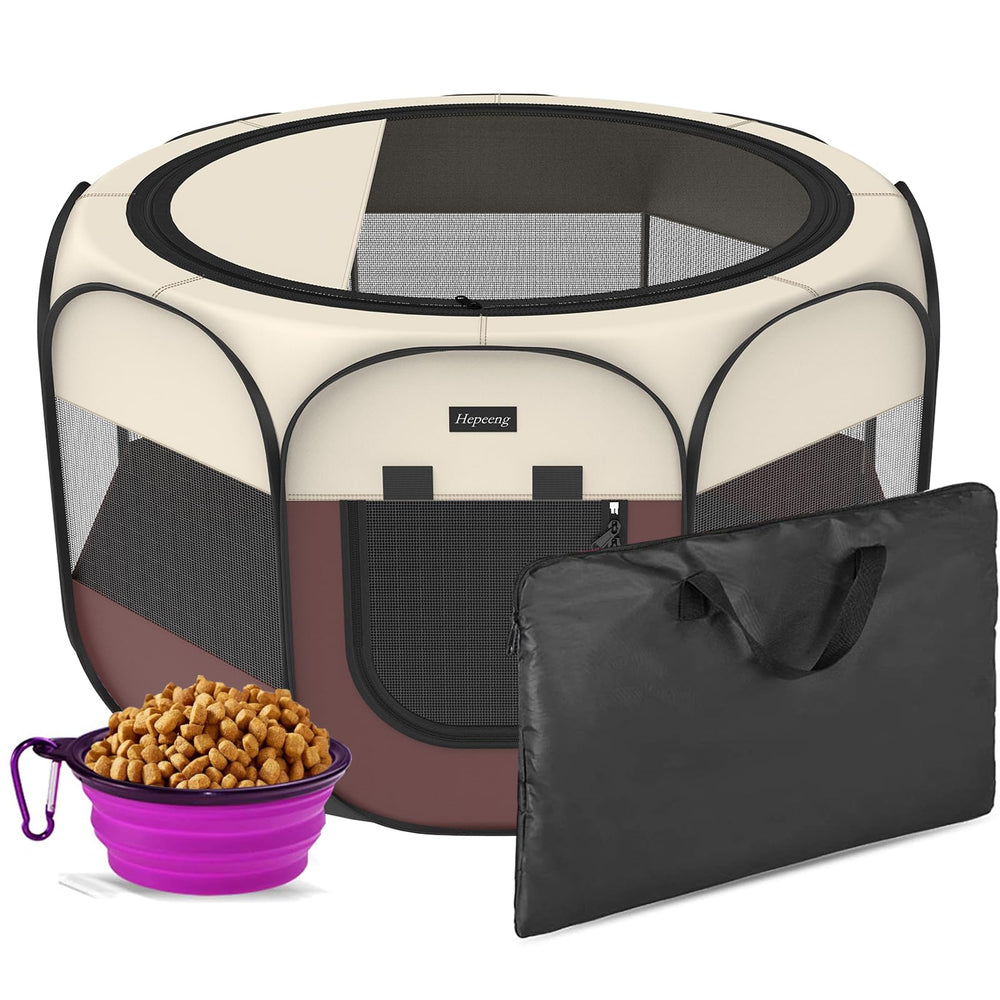 HEPEENG portable pet playpen side view highlights 8-panel design for safe outdoor play.