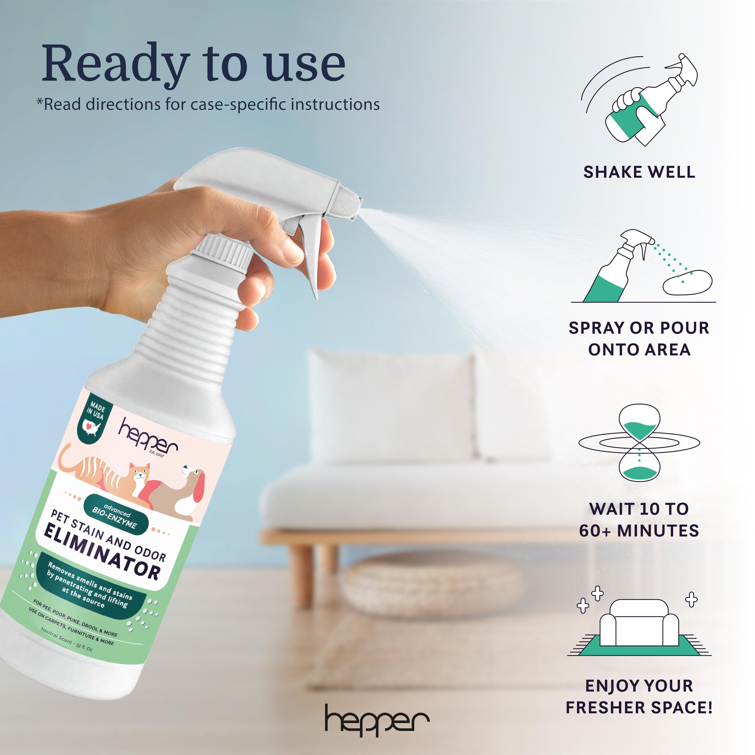 Hepper Advanced Bio-Enzyme Spray on carpet removes urine smells without heavy fragrance