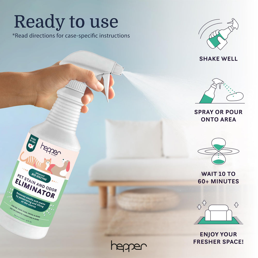 Hepper Advanced Bio-Enzyme Spray on carpet removes urine smells without heavy fragrance