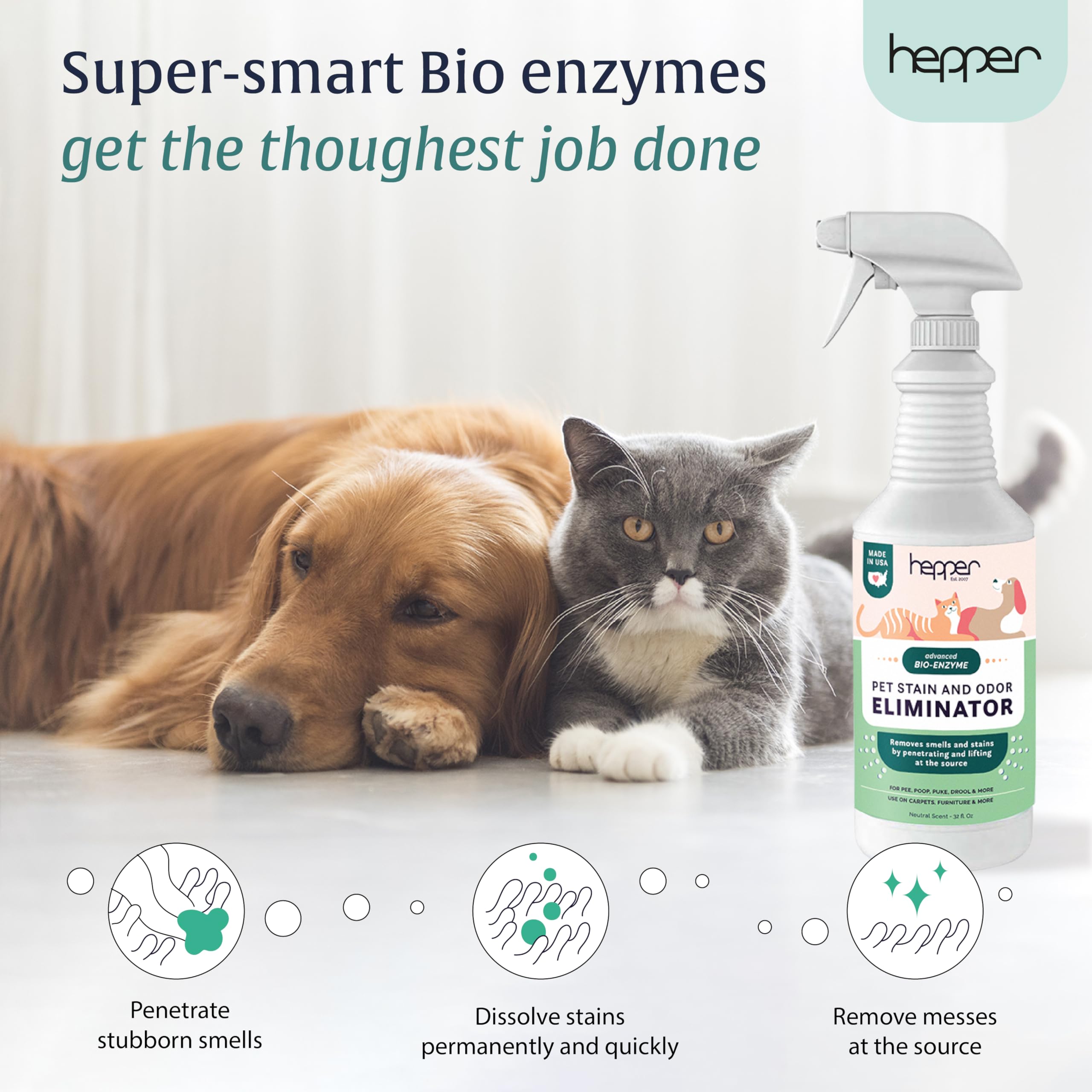 Hepper Advanced Bio-Enzyme Spray mist in action dissolving pet mess at the source