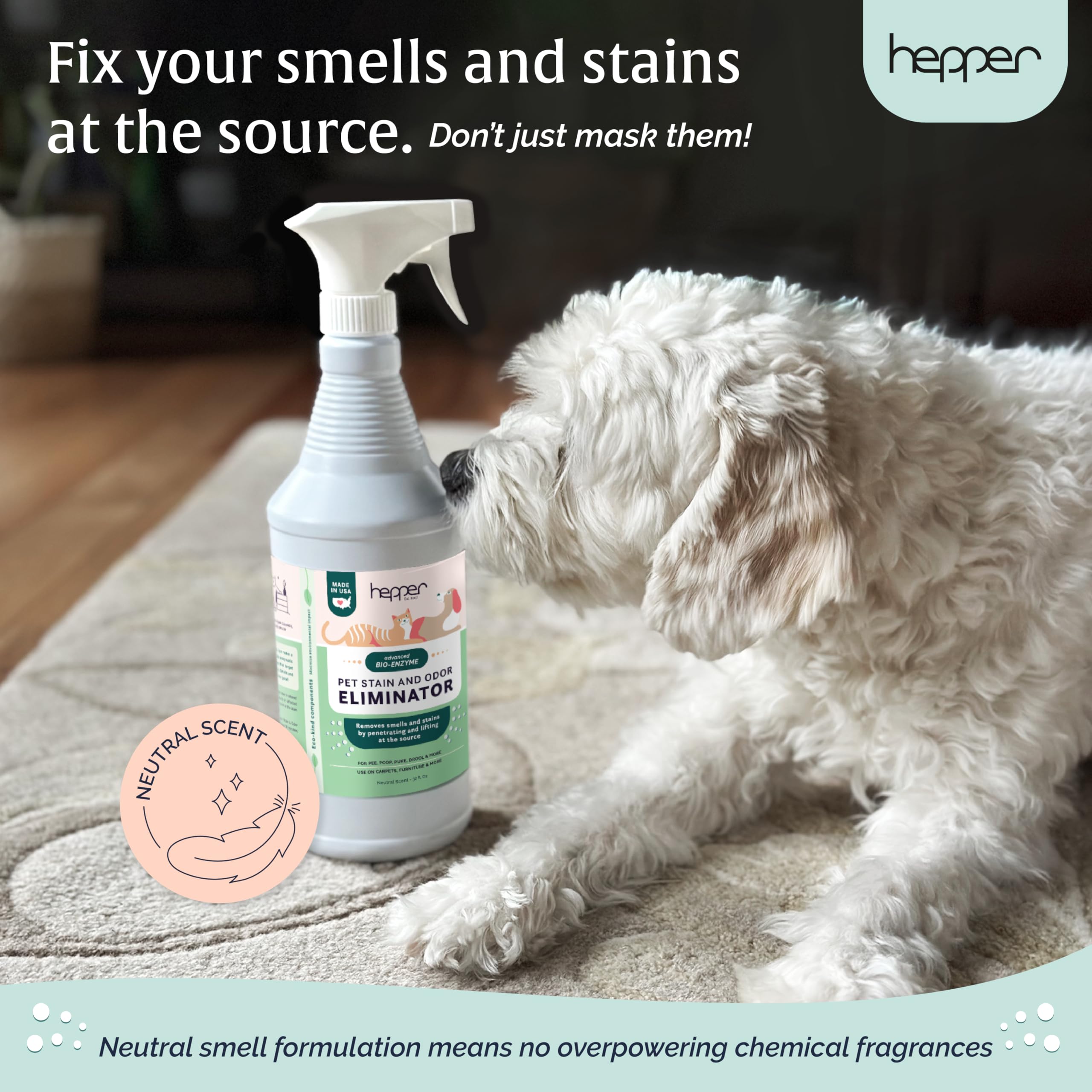 Hepper Advanced Bio-Enzyme Spray fights pet messes on floors and furnishings