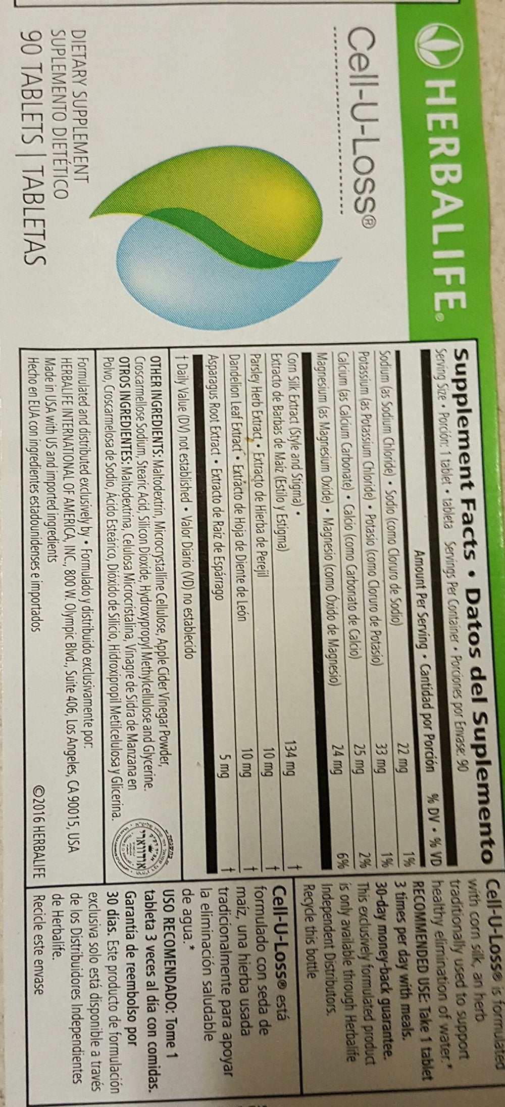 Herbalife Cell-u-loss tablets closeup showing daily electrolyte support.