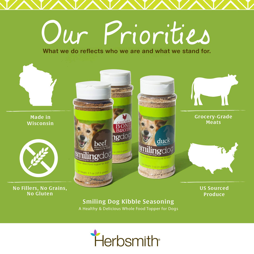 Herbsmith Kibble Seasoning dog meal ready with topper for crunch and taste.
