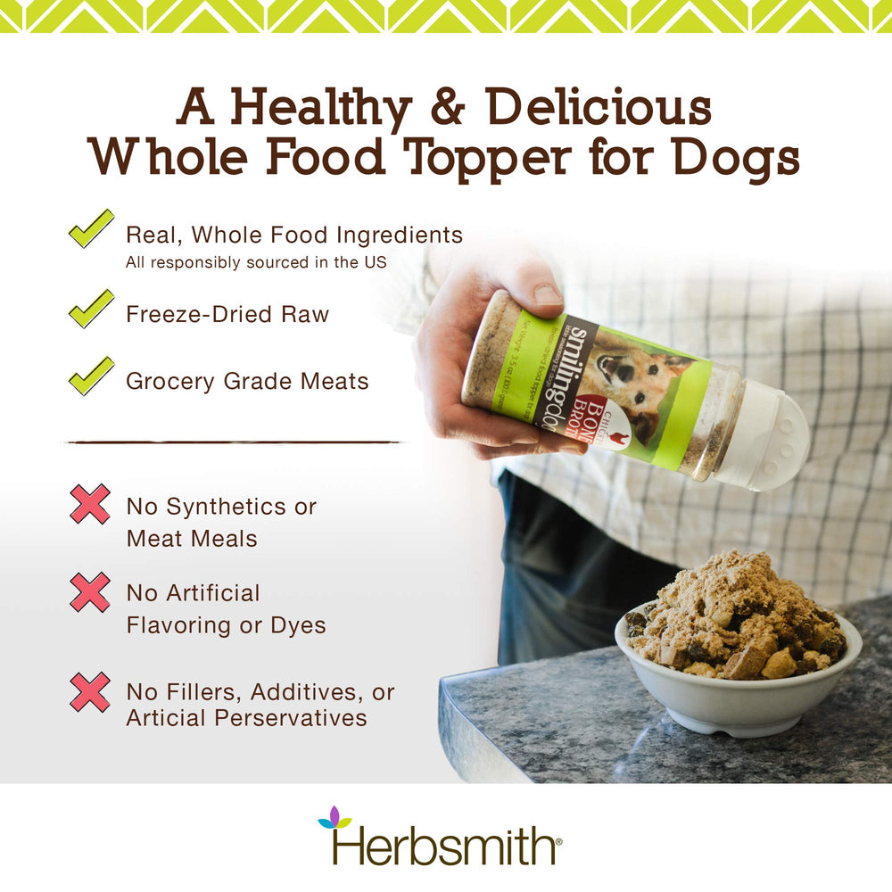 Herbsmith Kibble Seasoning gluten-free packaging highlights USA-made quality.