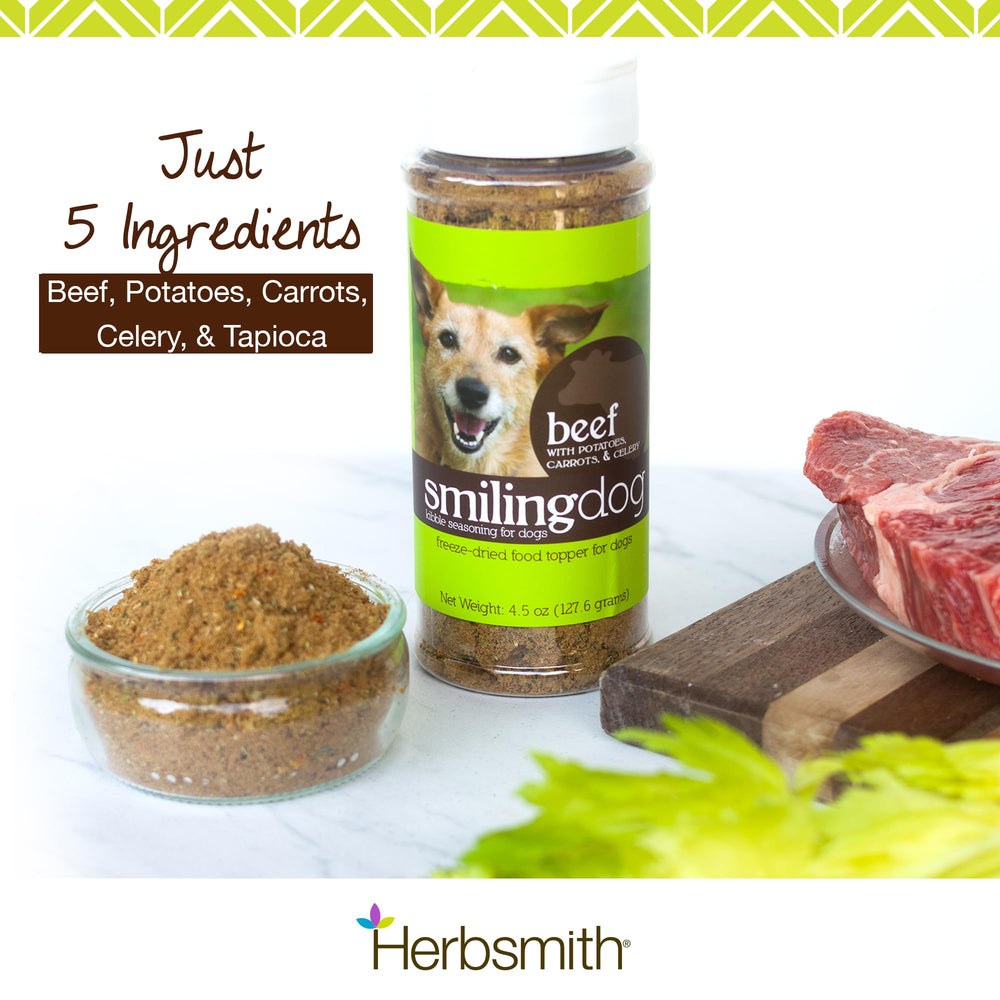 Herbsmith Kibble Seasoning ingredients close-up shows real meat and produce.
