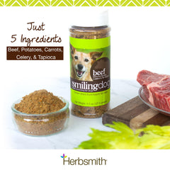Herbsmith Kibble Seasoning ingredients close-up shows real meat and produce.