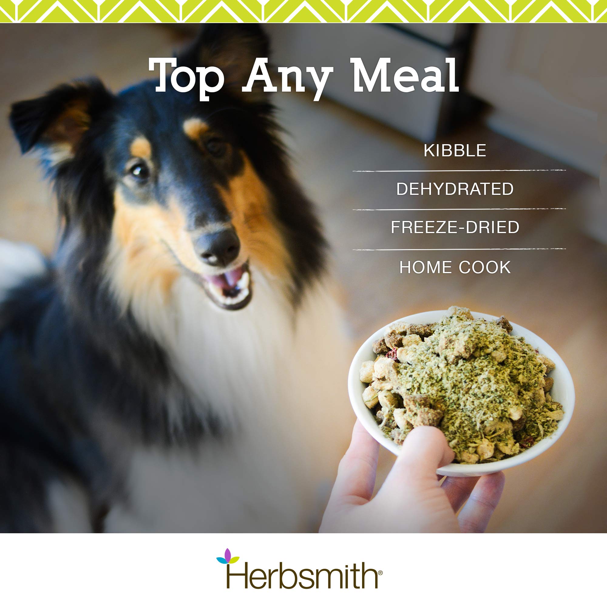 Herbsmith Kibble Seasoning veterinarian-formulated design signals holistic care.