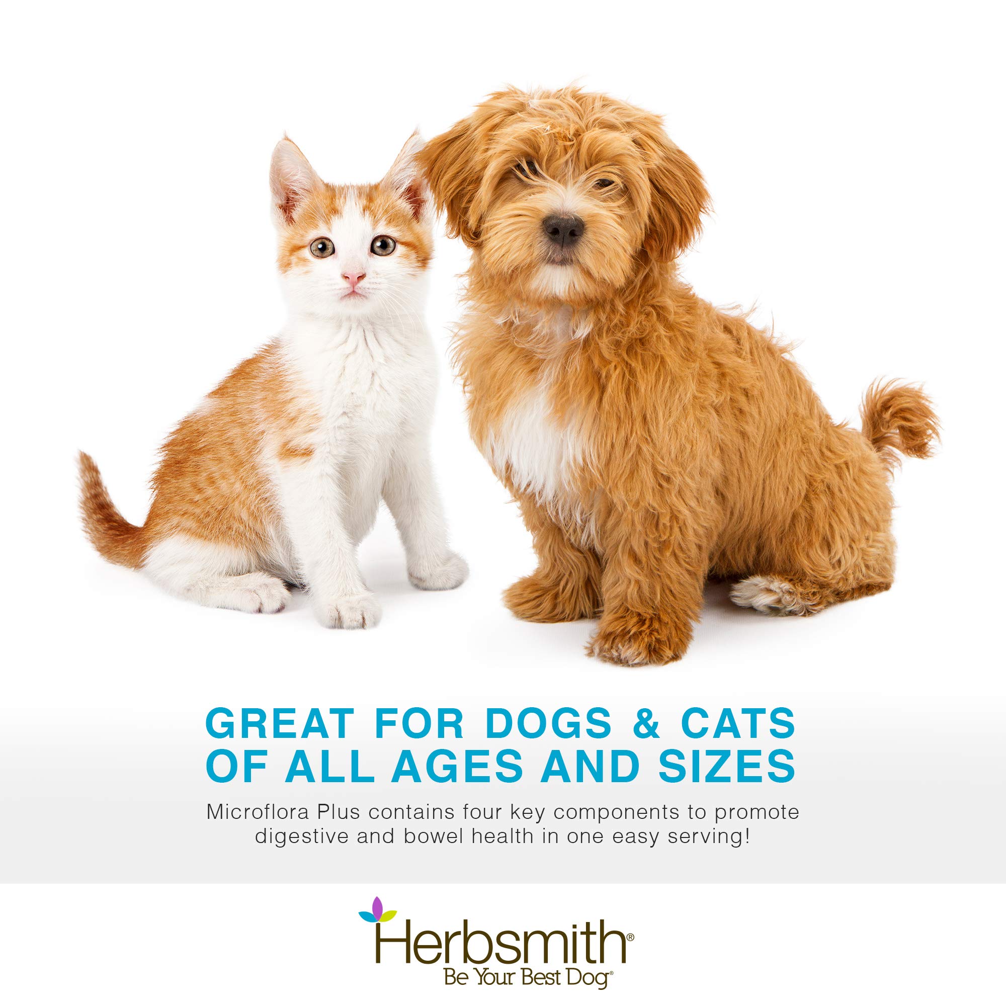 Herbsmith Microflora Plus packaging beside a dog bowl highlights daily use