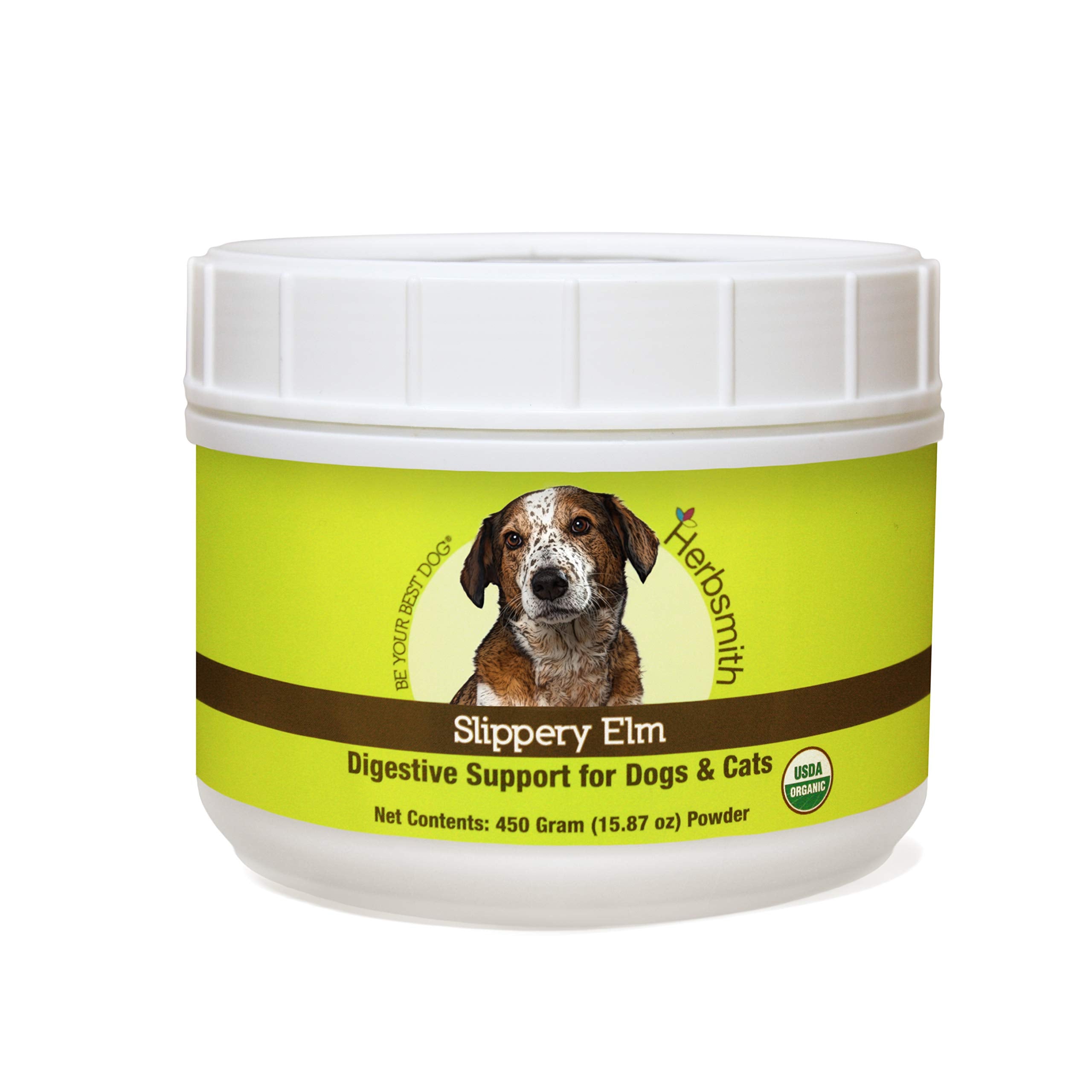 Herbsmith Slippery Elm 450g jar offers plant-based digestive support for dogs and cats.