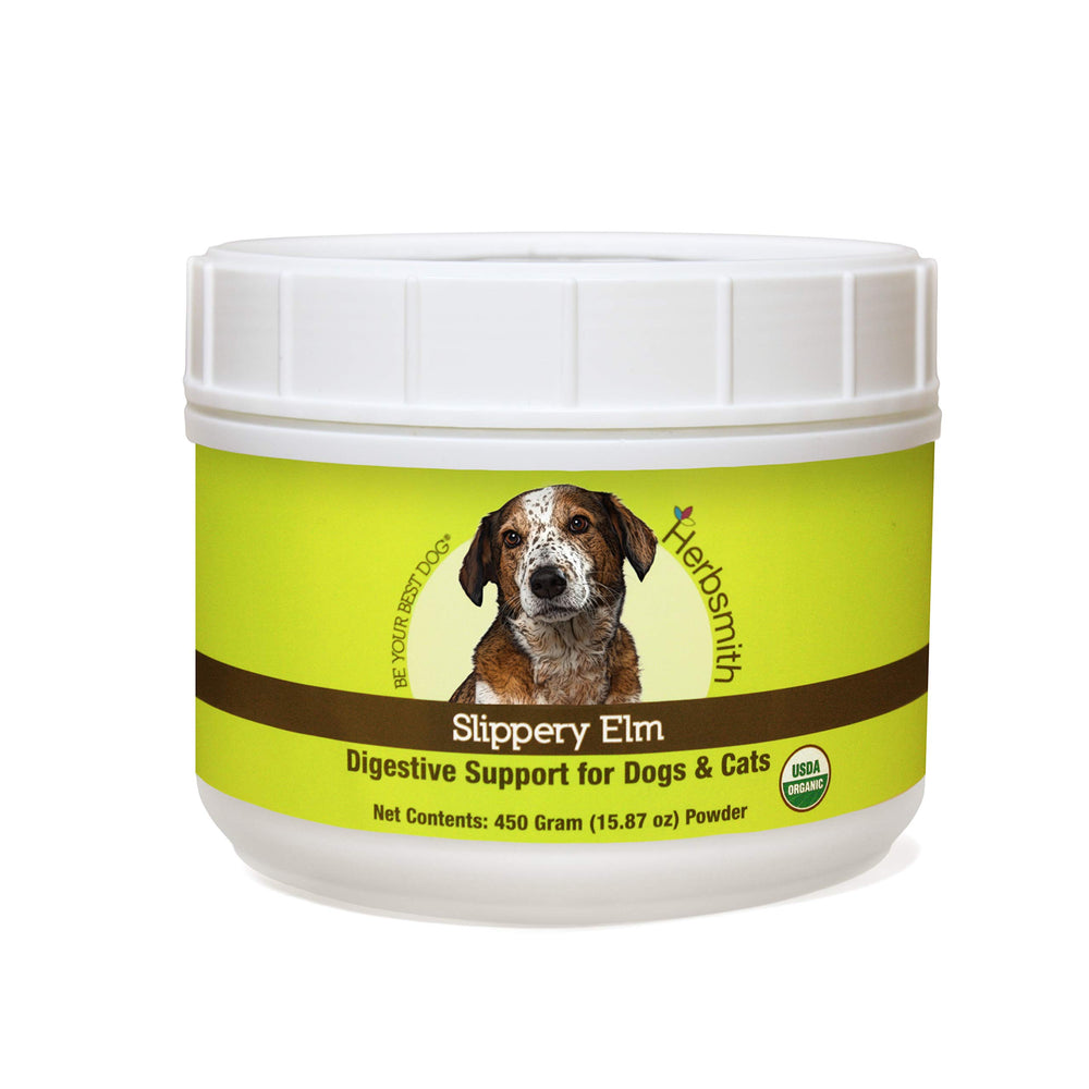 Herbsmith Slippery Elm 450g jar offers plant-based digestive support for dogs and cats.