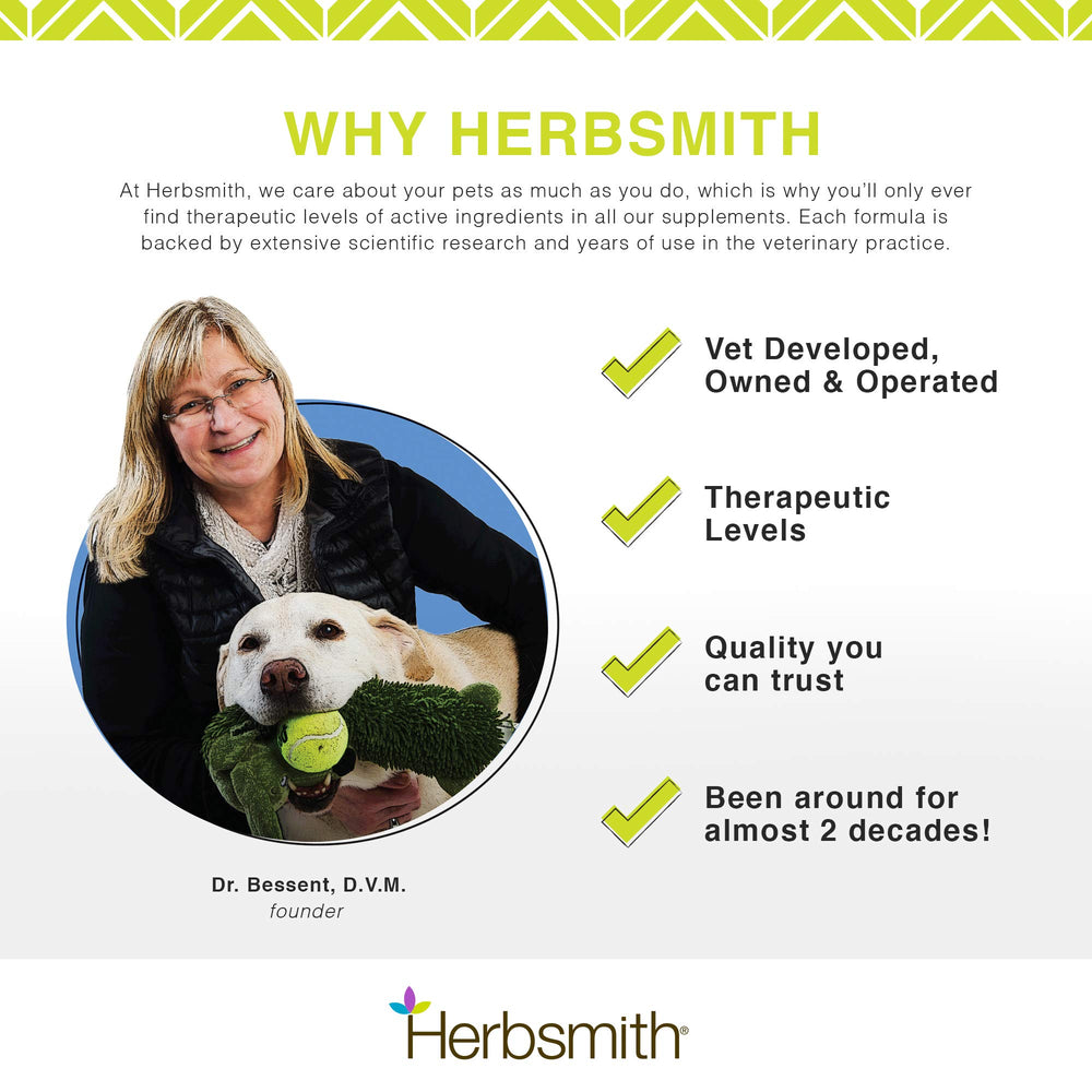 Herbsmith Slippery Elm vet-formulated badge underscores trusted, small-batch gut-health support.