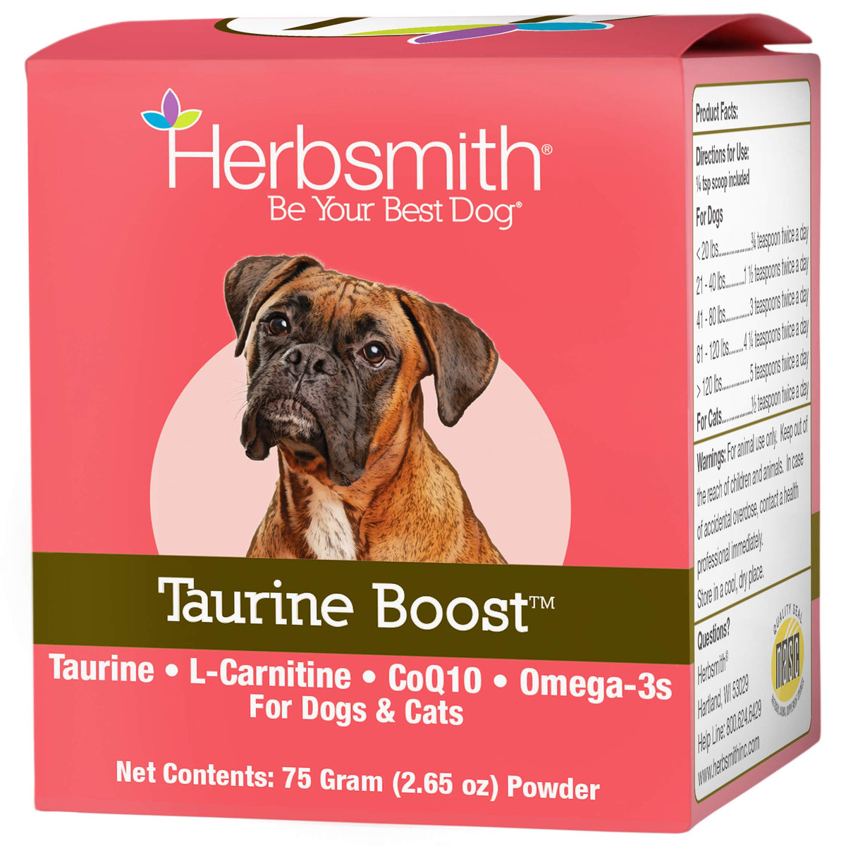 Herbsmith Taurine Boost bottle label shows heart-supporting formula in a clean package