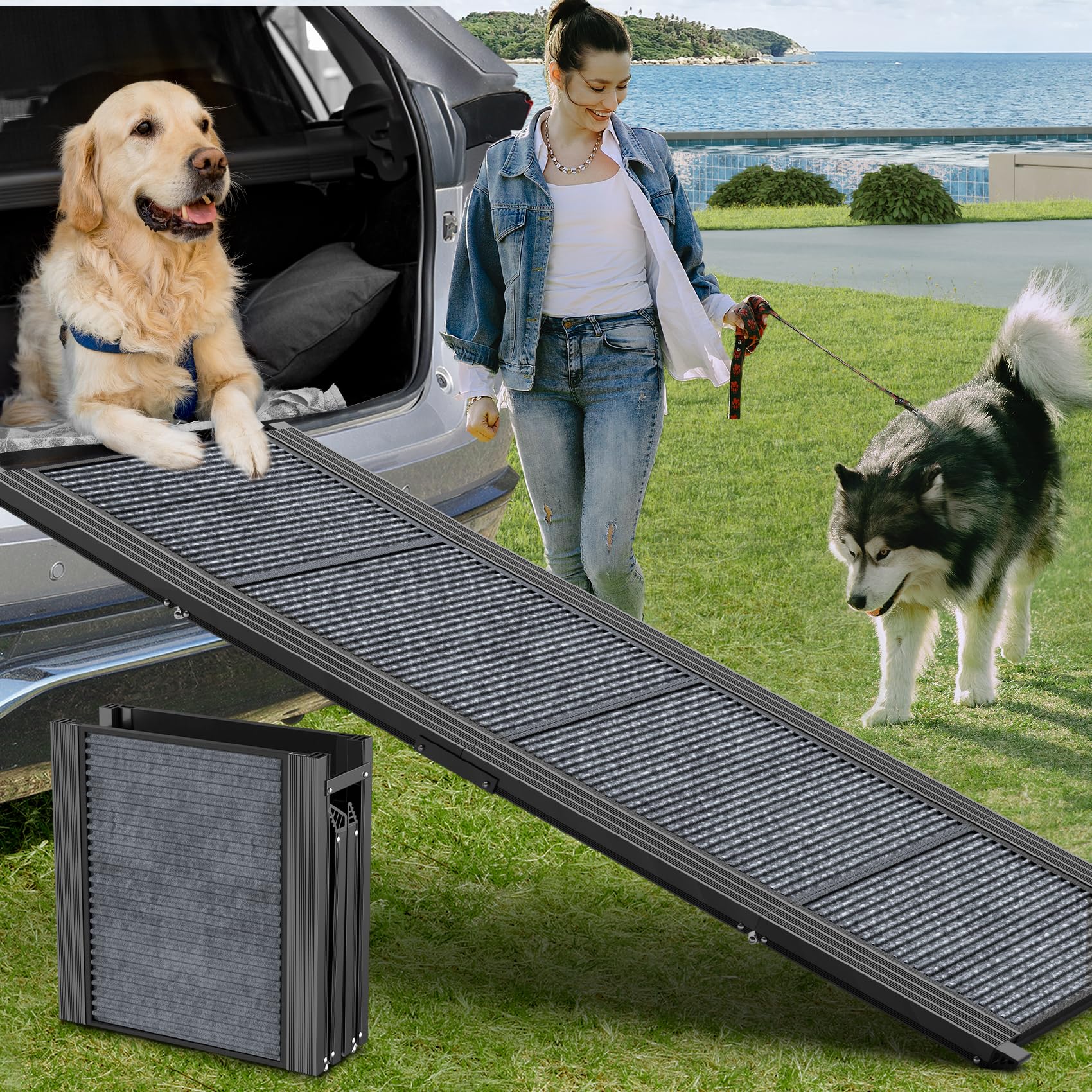 HerCcreta wigge dog ramp side view shows sturdy, portable access for cars