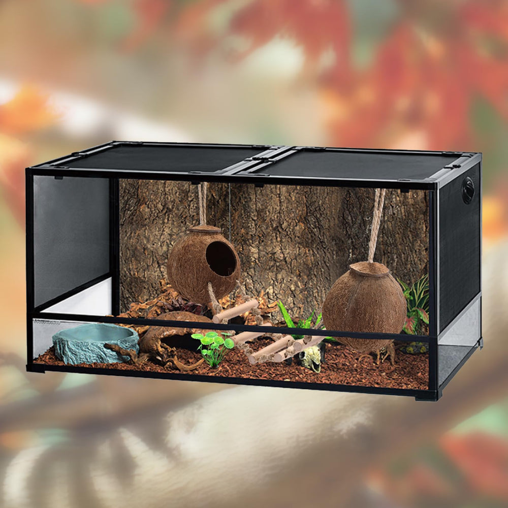 HERCOCCI Gecko Tank coconut husk hideout adds rustic decor and shelter.
