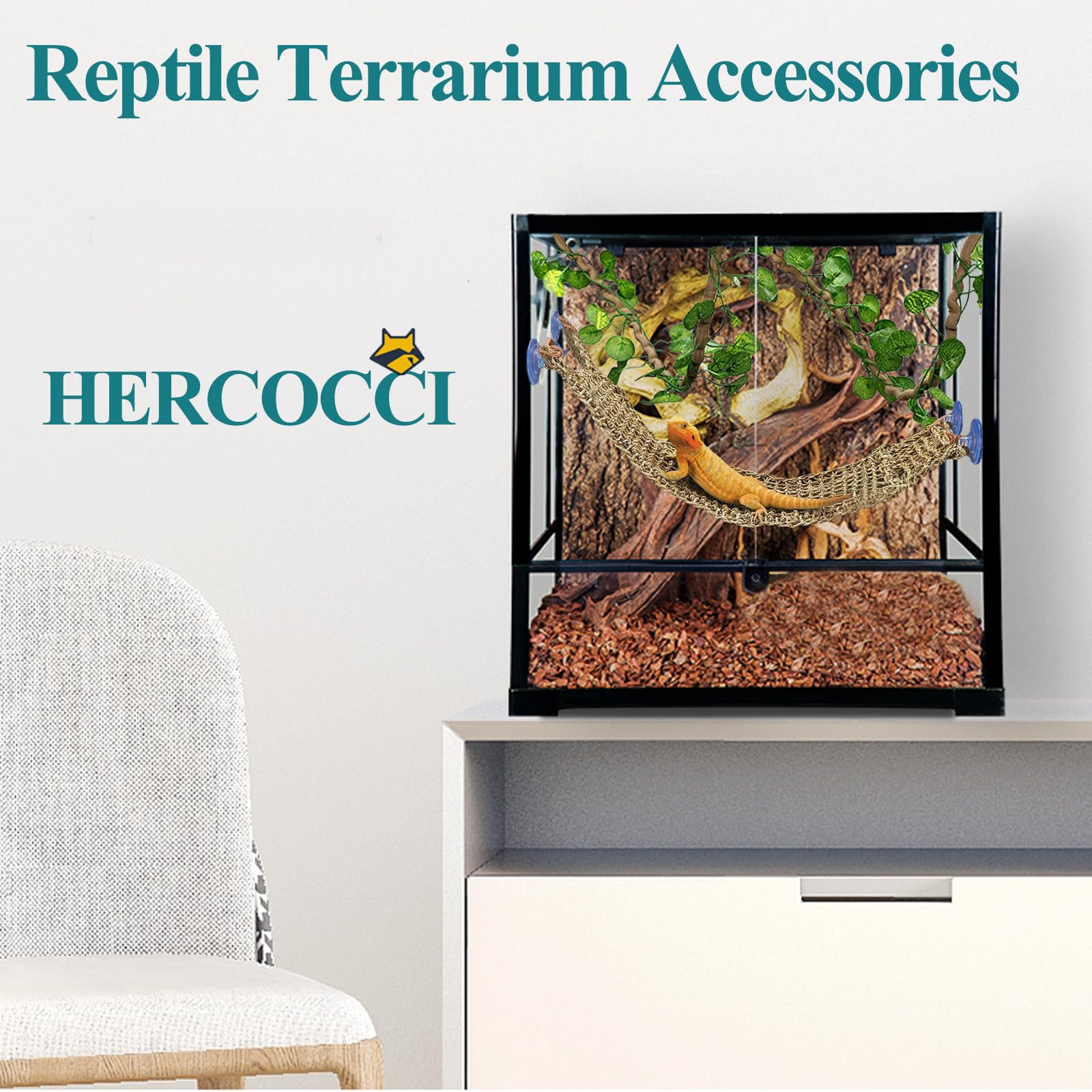 HERCOCCI hanging toys set encourages activity and exploration in the habitat.