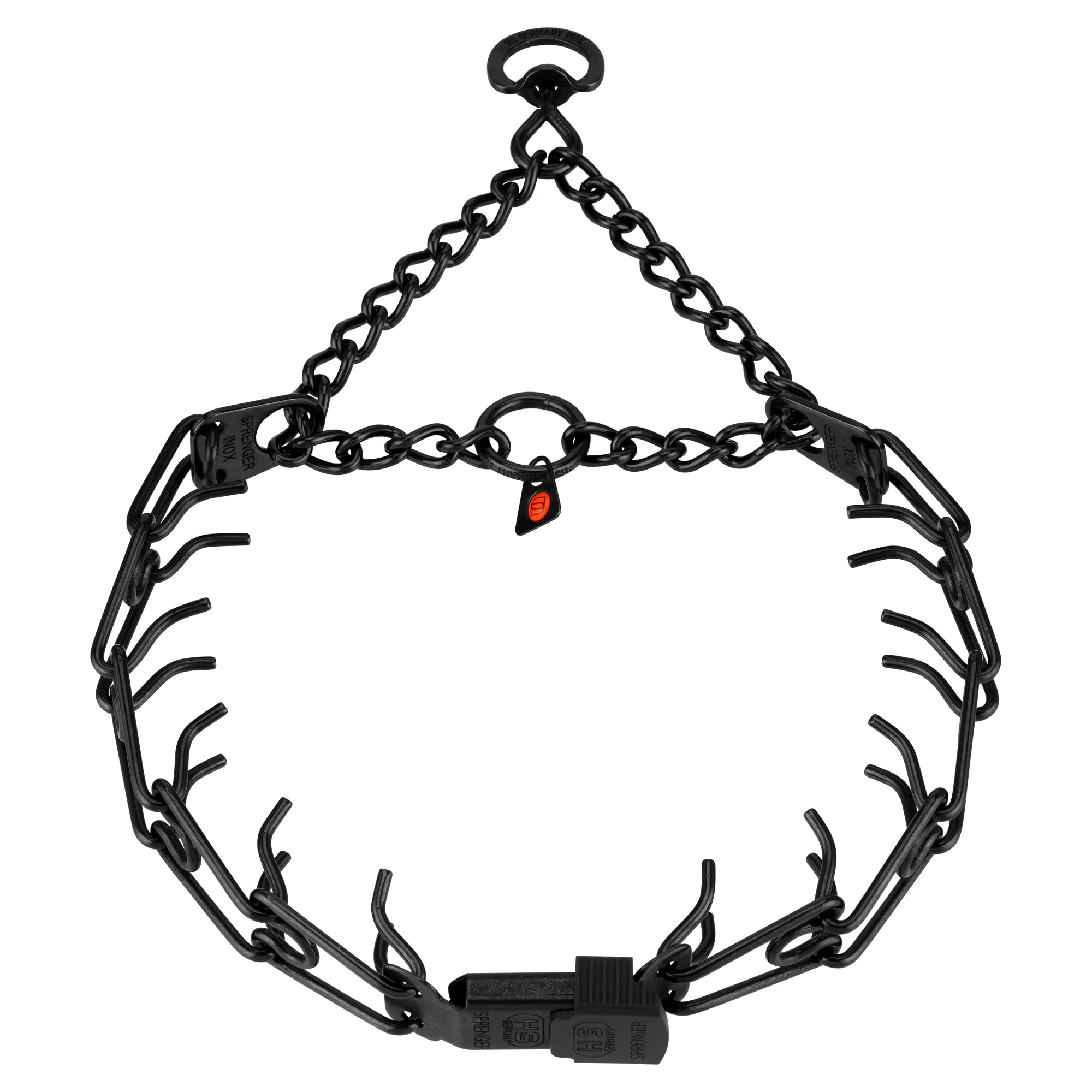 Herm Sprenger black stainless steel dog collar with centered ClicLock buckle for precise training and quick release.
