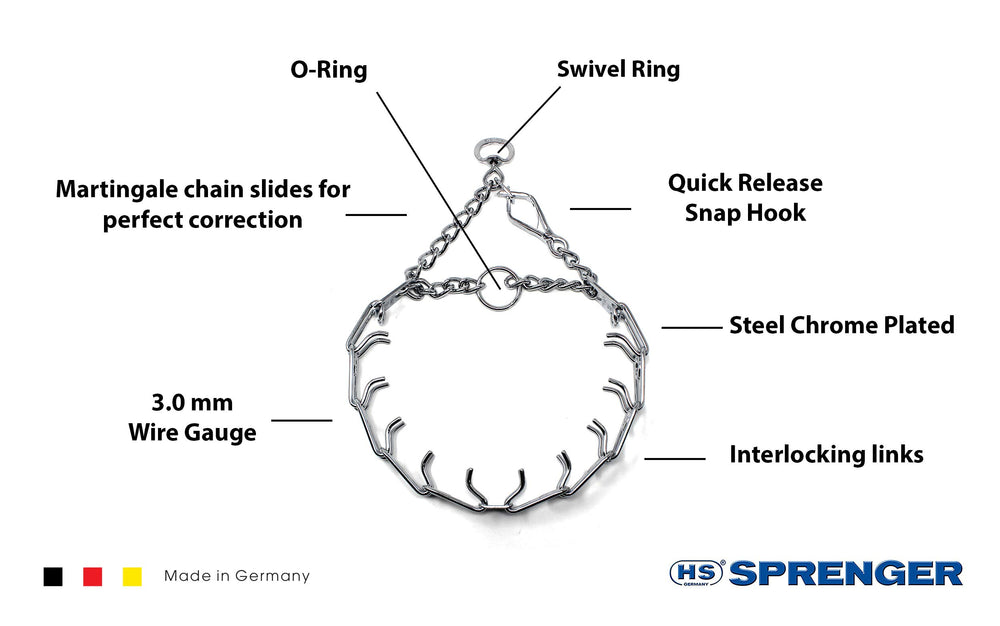 Herm Sprenger chrome-plated steel prong collar assembly showing durable construction.