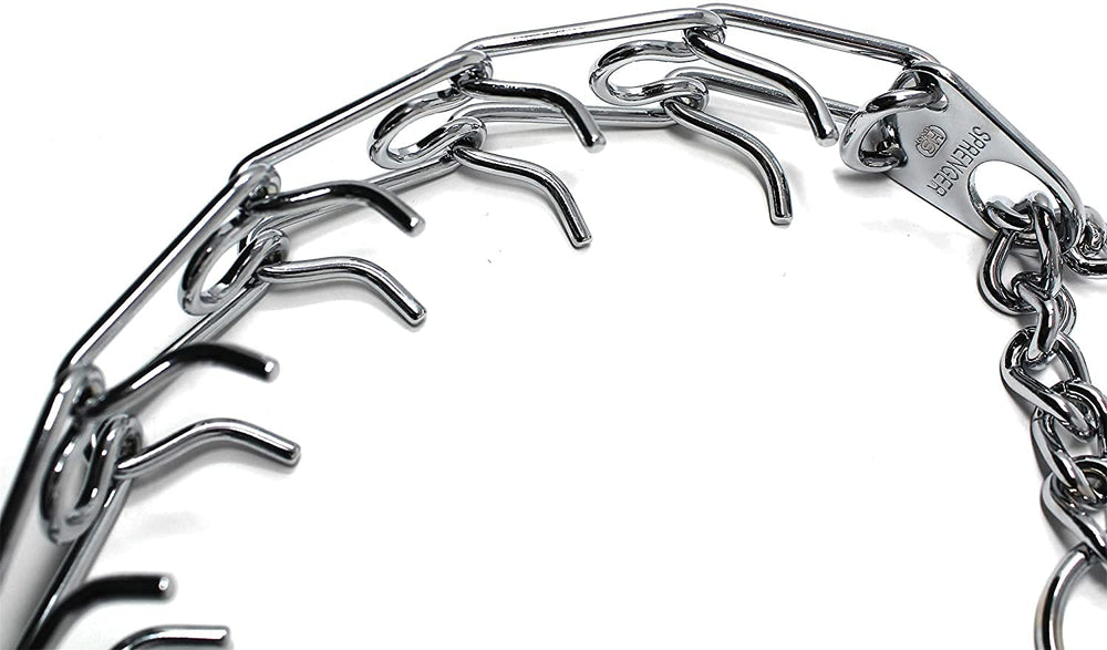 Herm Sprenger chrome-plated collar features a sturdy D-ring for secure lead attachment.